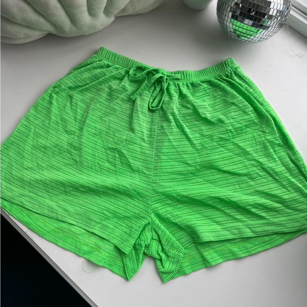 Vintage High Waisted 80s Neon Green Women's Mesh Shorts Size L Swimwear Cover up